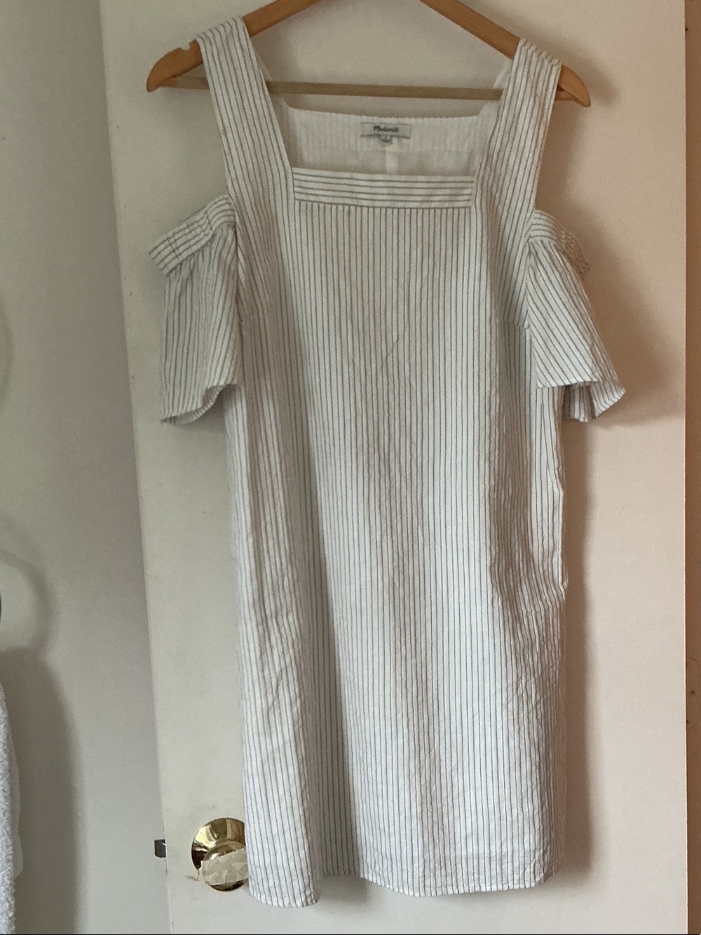 Madewell White and Gray Pinstripe One-Shoulder Cotton Dress